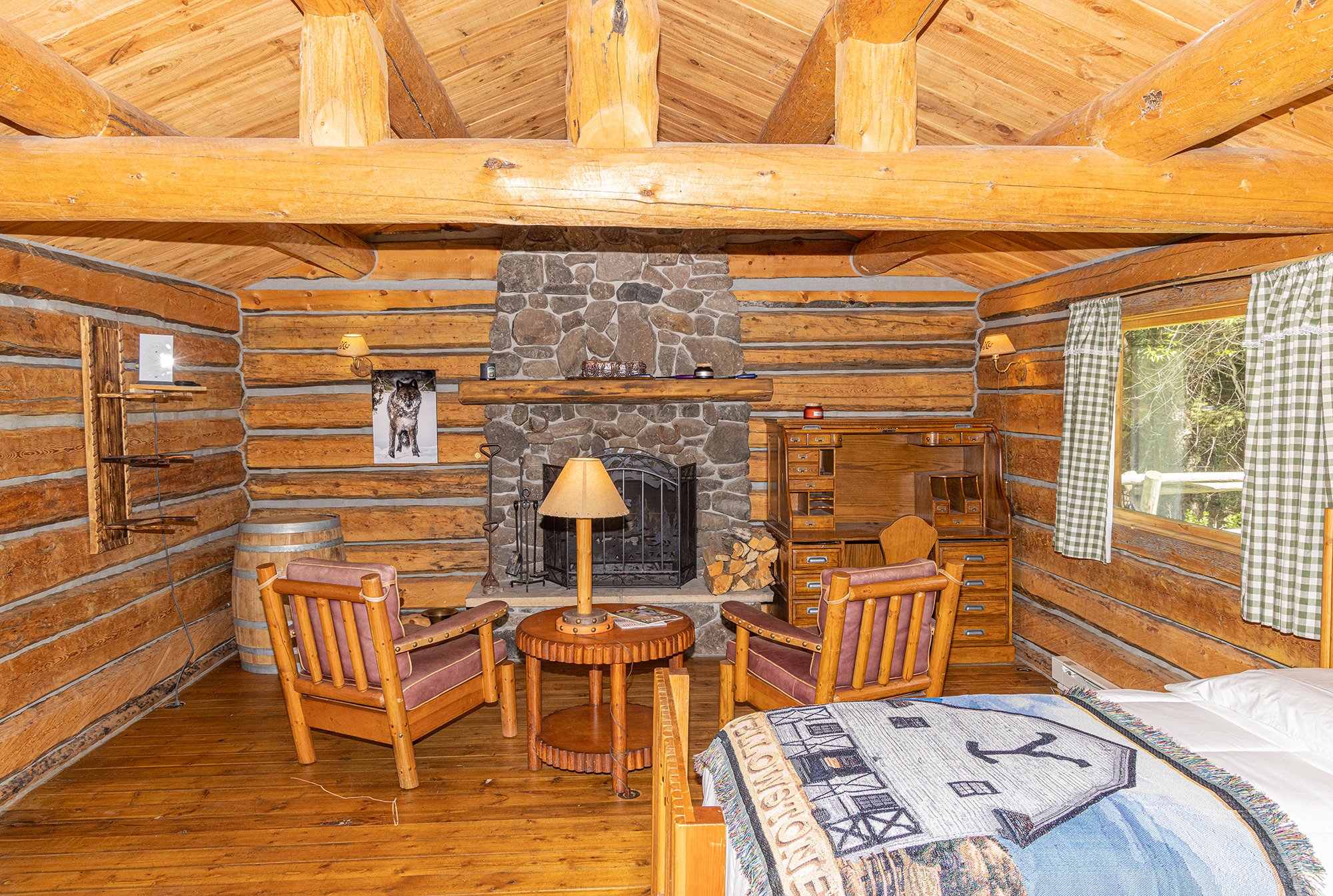 Fireplace sitting view - Inside Stage Stop Cabin<br />
